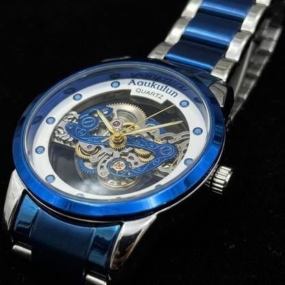 Luxury Skeleton Dial Quartz Watch For Men Elegant Stainless Steel Design | Blue And Silver Rs 2,205