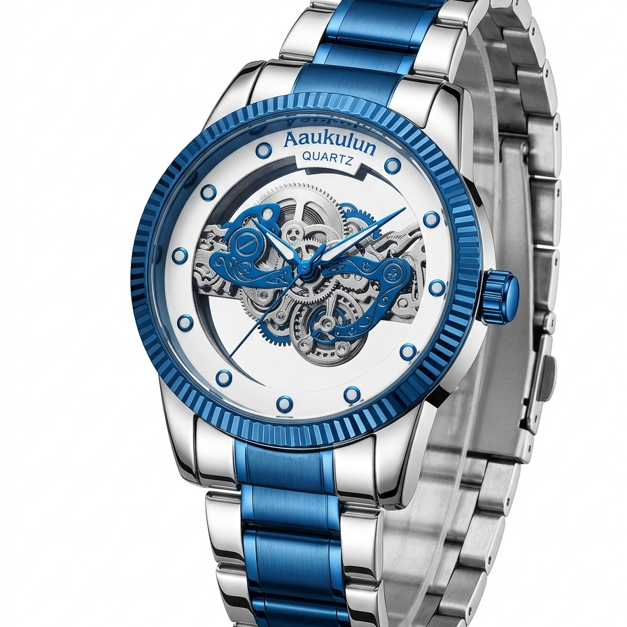 Luxury Skeleton Dial Quartz Watch For Men Elegant Stainless Steel Design | Blue And Silver Rs 2,205