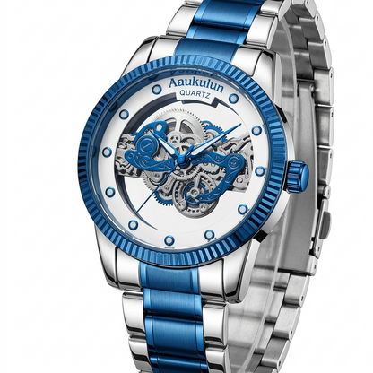 Luxury Skeleton Dial Quartz Watch For Men Elegant Stainless Steel Design | Blue And Silver Rs 2,205