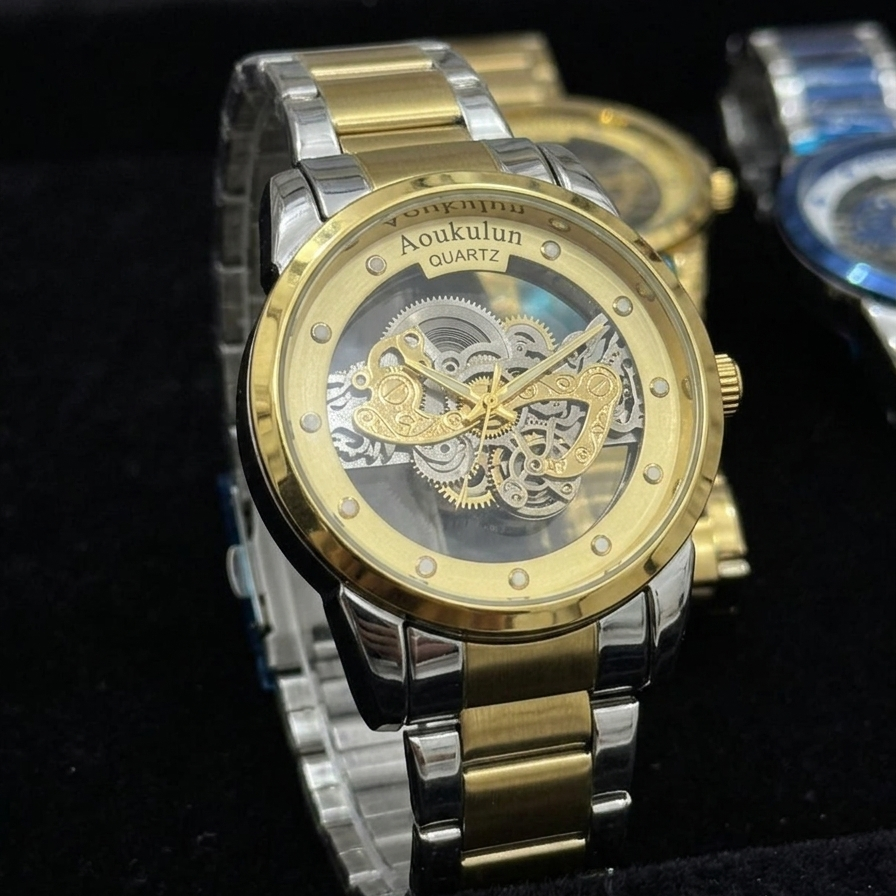 Luxury Skeleton Dial Quartz Watch For Men Elegant Stainless Steel Design | Blue And Silver Rs 2,205