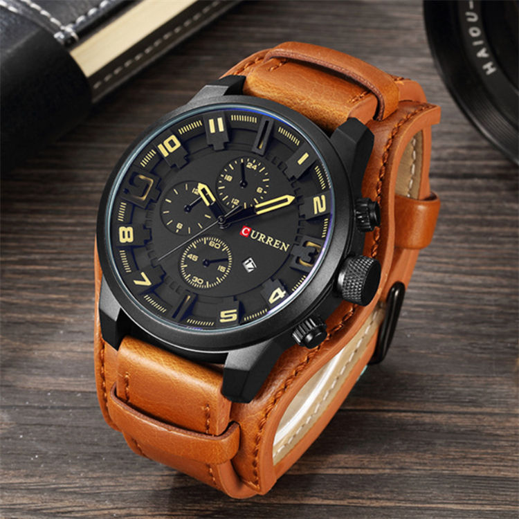 Hot Sale CURREN 8225 Multi-function Fashion Men's Sport Watch Leather Belt Quartz Wristwatch Chronograph Waterproof Watches